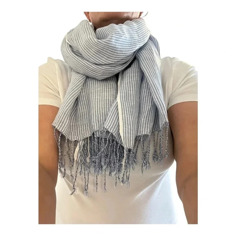 Blue & White Striped Scarf With Fringe